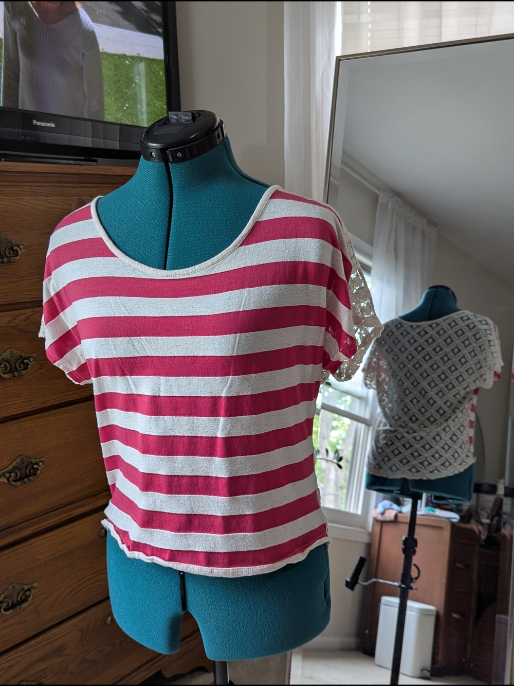 Women’s Pink & White Striped Short Sleeve Top, Lace Back Design